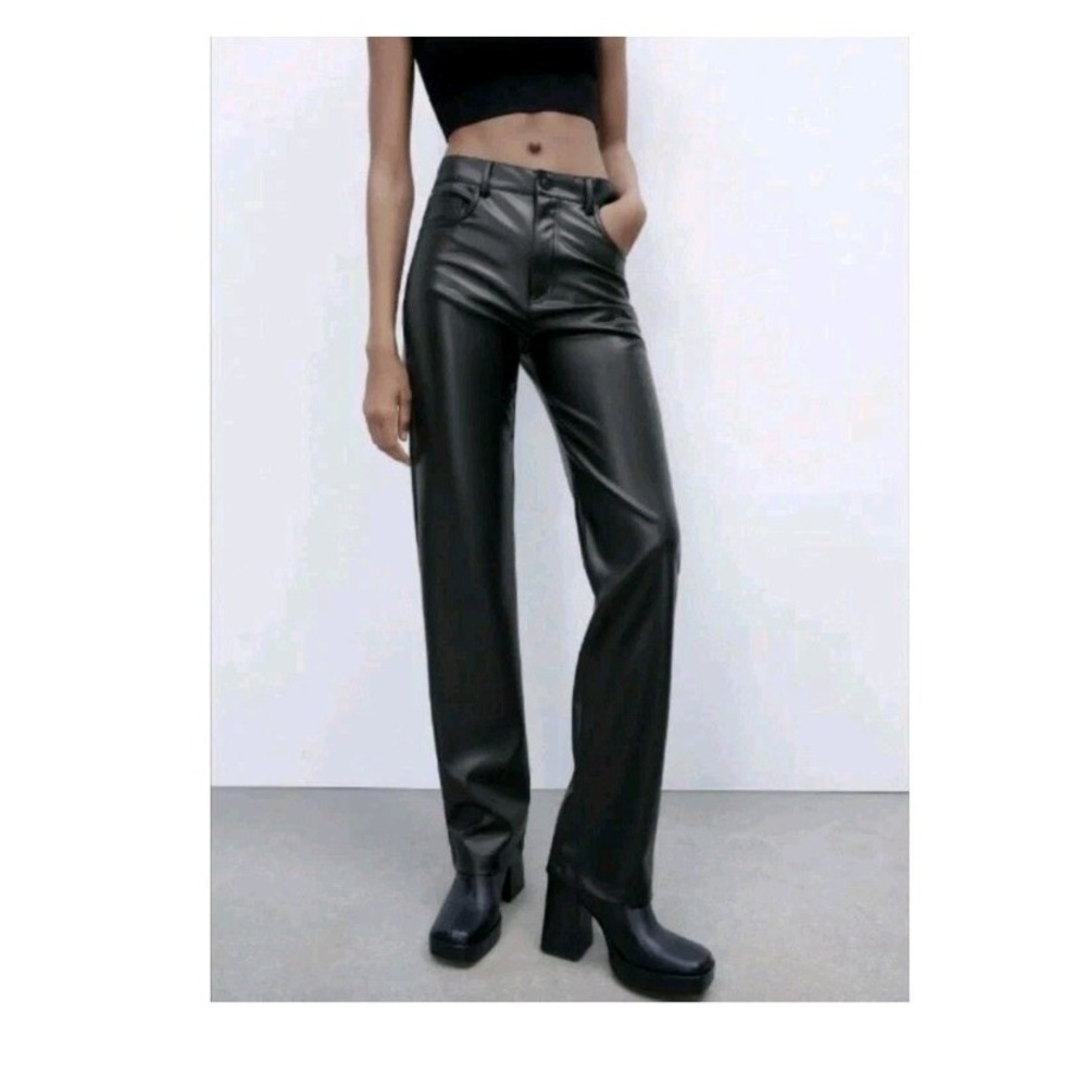 NWT Zara Women's Black Faux Leather Straight Leg Pants  Sz XS